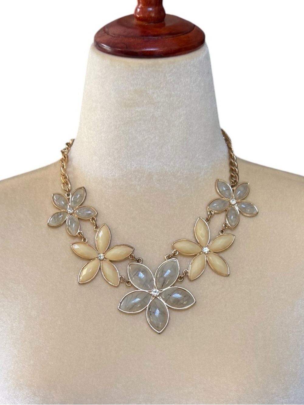 Gold Chunky Floral Bib Statement Necklace Gray Marble & Cream Stone Crystals